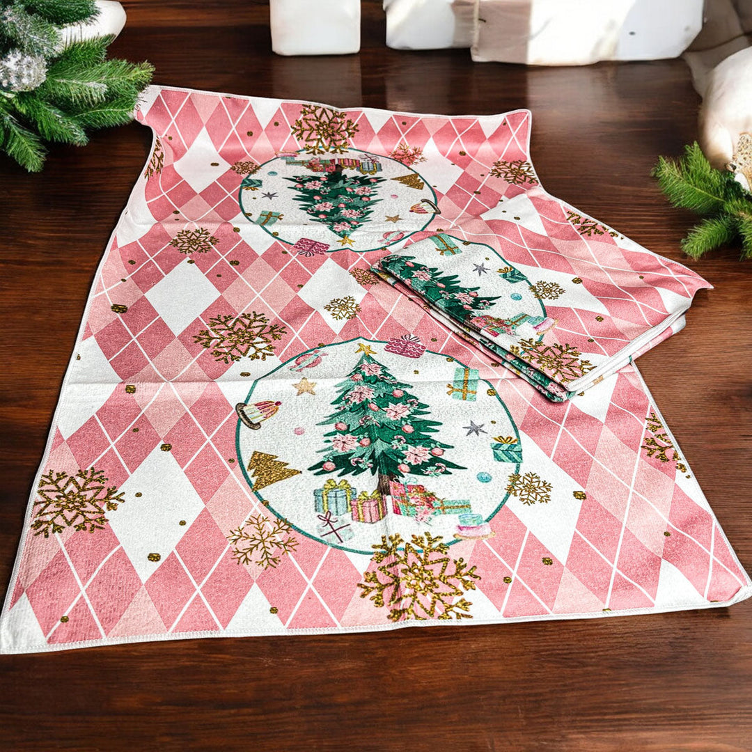Pink Argyle Christmas Tree Kitchen Hand Towel Holiday Decor Fun Gift for Friends