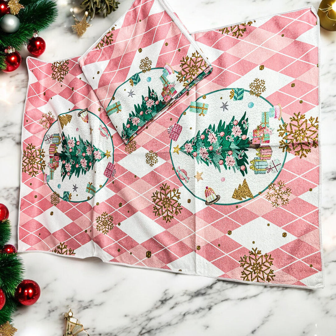 Pink Argyle Christmas Tree Kitchen Hand Towel Holiday Decor Fun Gift for Friends