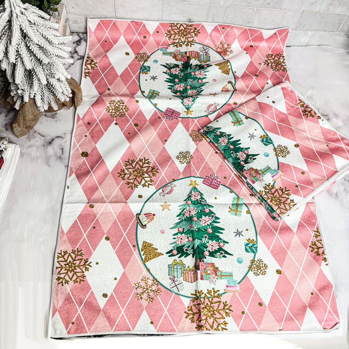 Pink Argyle Christmas Tree Kitchen Hand Towel Holiday Decor Fun Gift for Friends