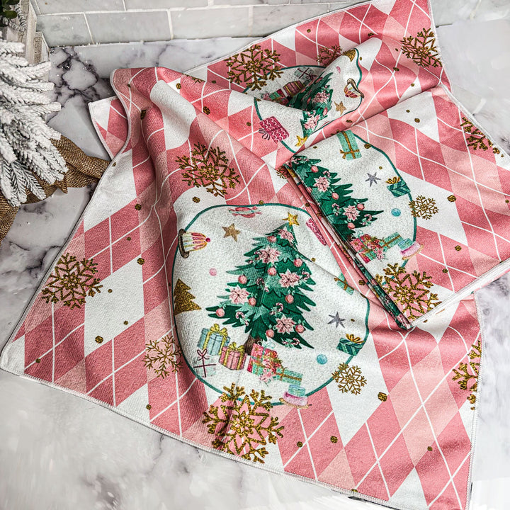 Pink Argyle Christmas Tree Kitchen Hand Towel Holiday Decor Fun Gift for Friends