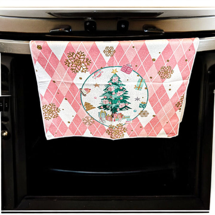 Pink Argyle Christmas Tree Kitchen Hand Towel Holiday Decor Fun Gift for Friends