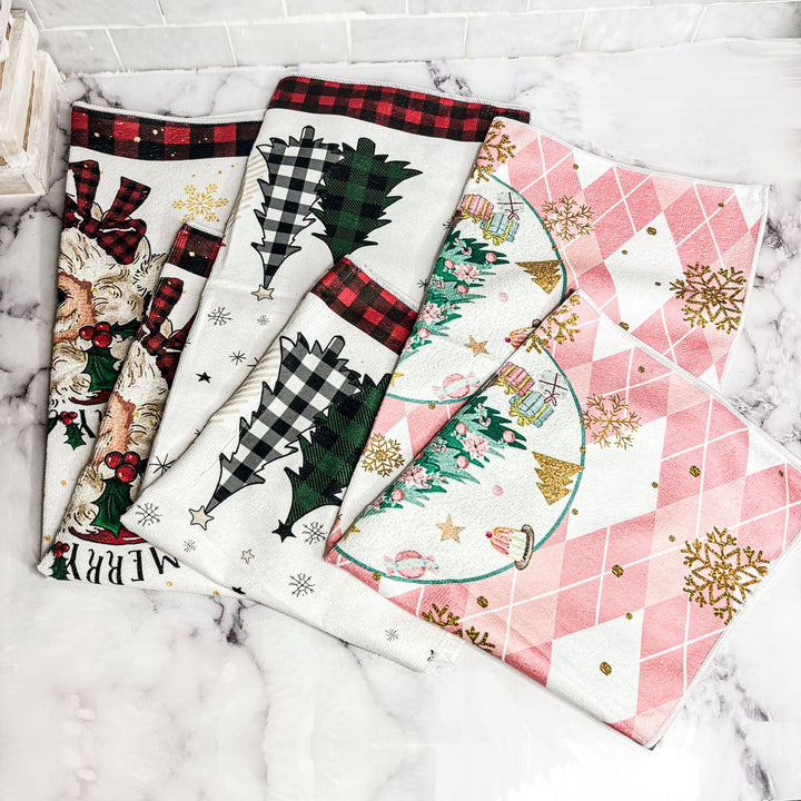 Pink Argyle Christmas Tree Kitchen Hand Towel Holiday Decor Fun Gift for Friends