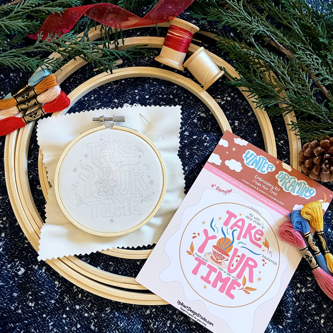 "Homey Hideaway" Gift Box: Floral Tea, Honey, Candle, Cards, Sticker, Meditations, Mini Journal, Embroidery Kit (Winter Dreaming)