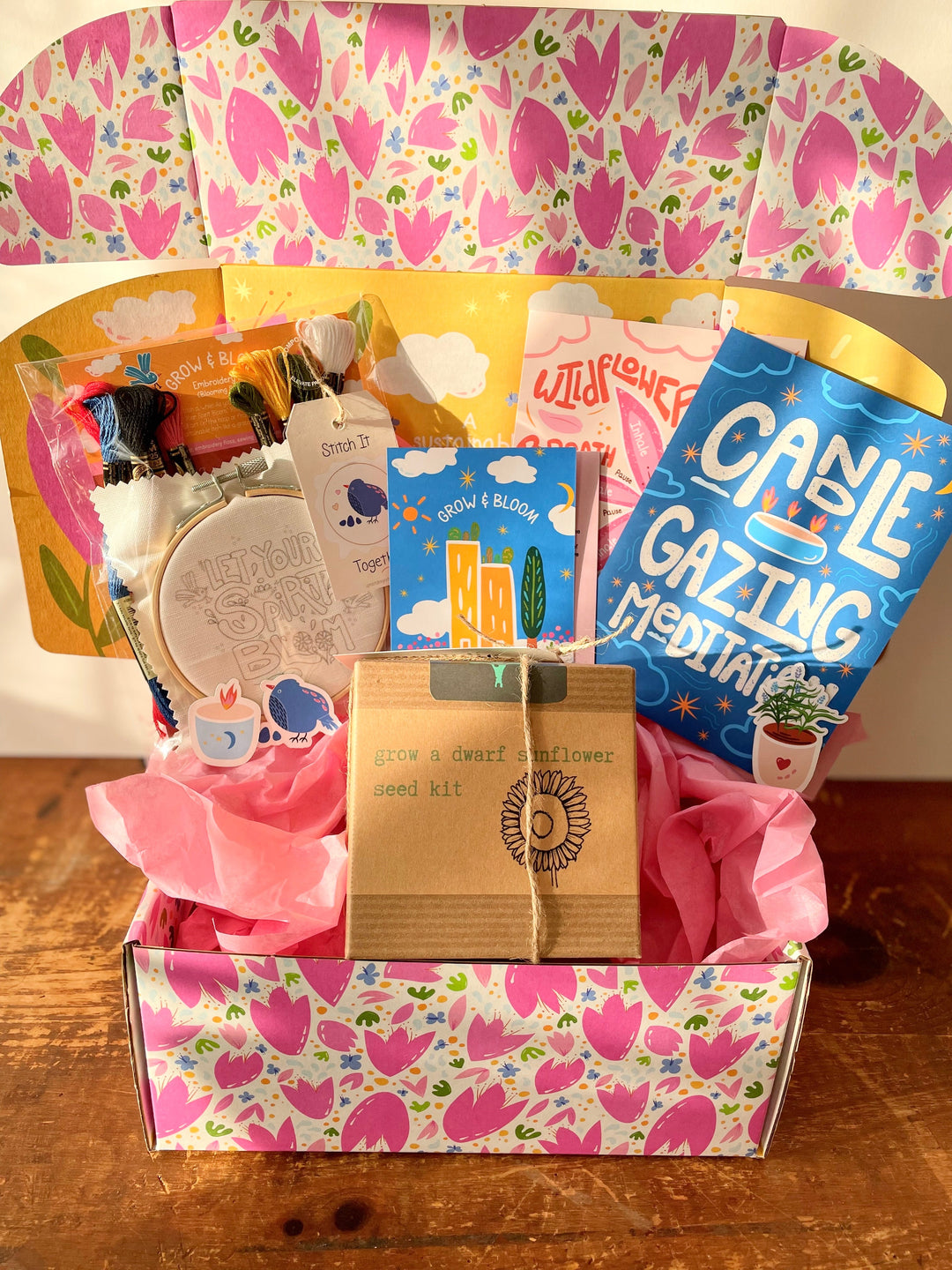 "Flower Power" Gift Box w. Dwarf Sunflower, Embroidery Kit, Meditation Cards, Soy Candle, &amp; Journal (Grow &amp; Bloom)