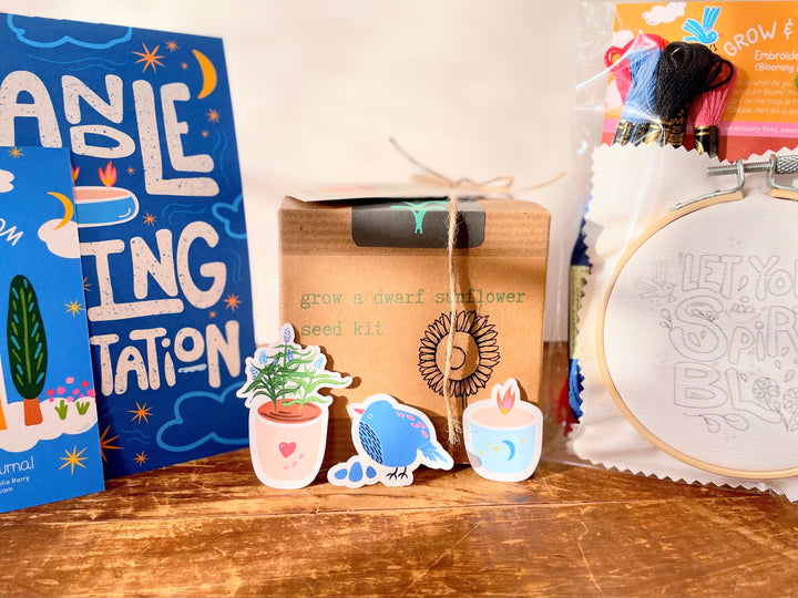 "Flower Power" Gift Box w. Dwarf Sunflower, Embroidery Kit, Meditation Cards, Soy Candle, &amp; Journal (Grow &amp; Bloom)
