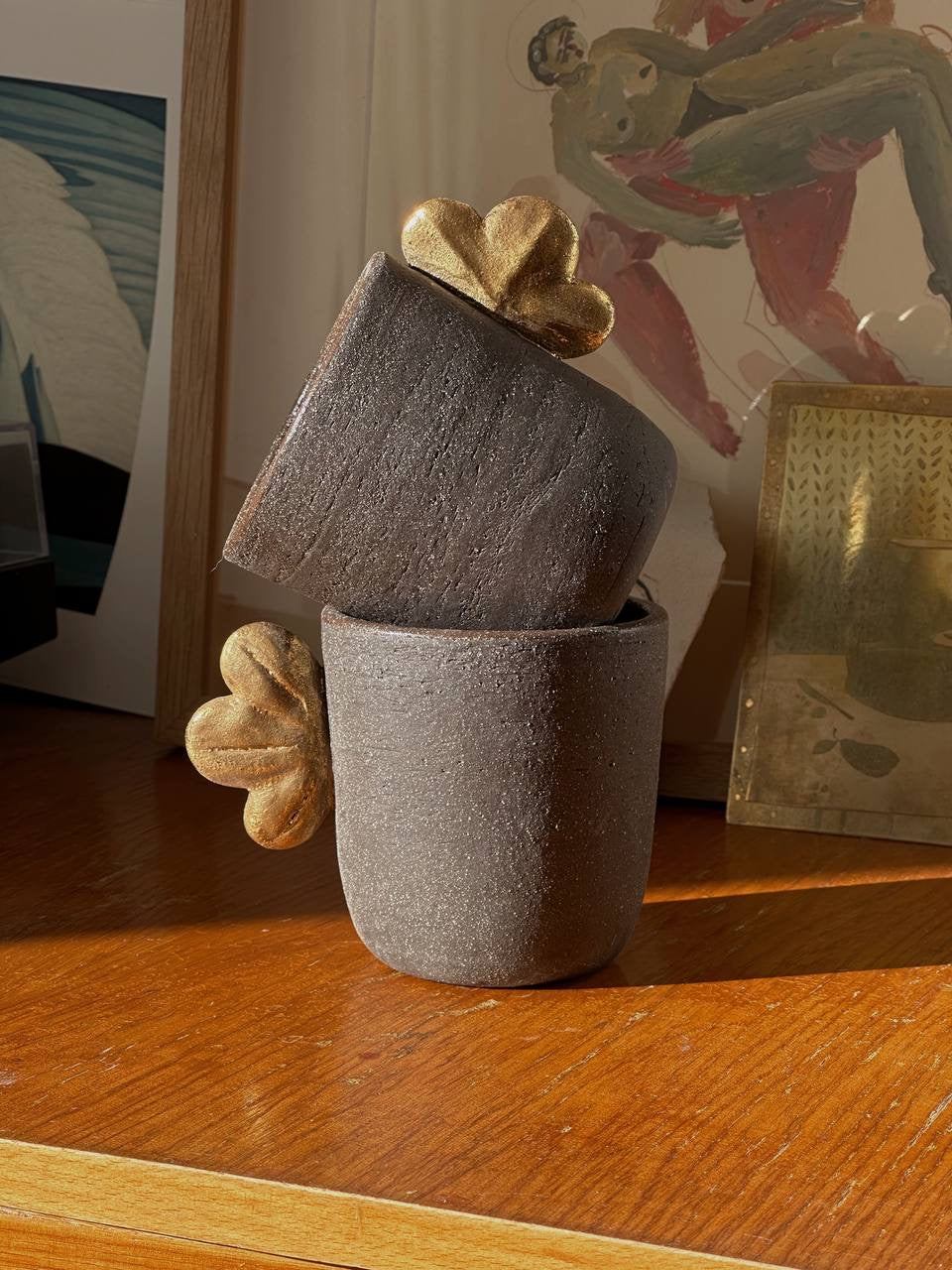 Handmade Stoneware Coffee Cup "Pumpernickel" with Gold Leaf