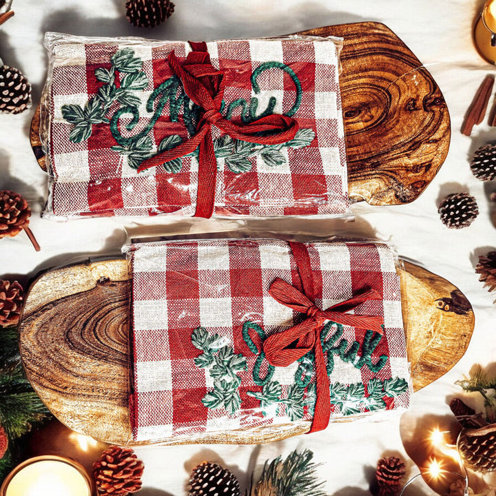 Holiday Acacia Charcuterie Board Cotton Tartan Towel Gift Set Great Holiday Gift