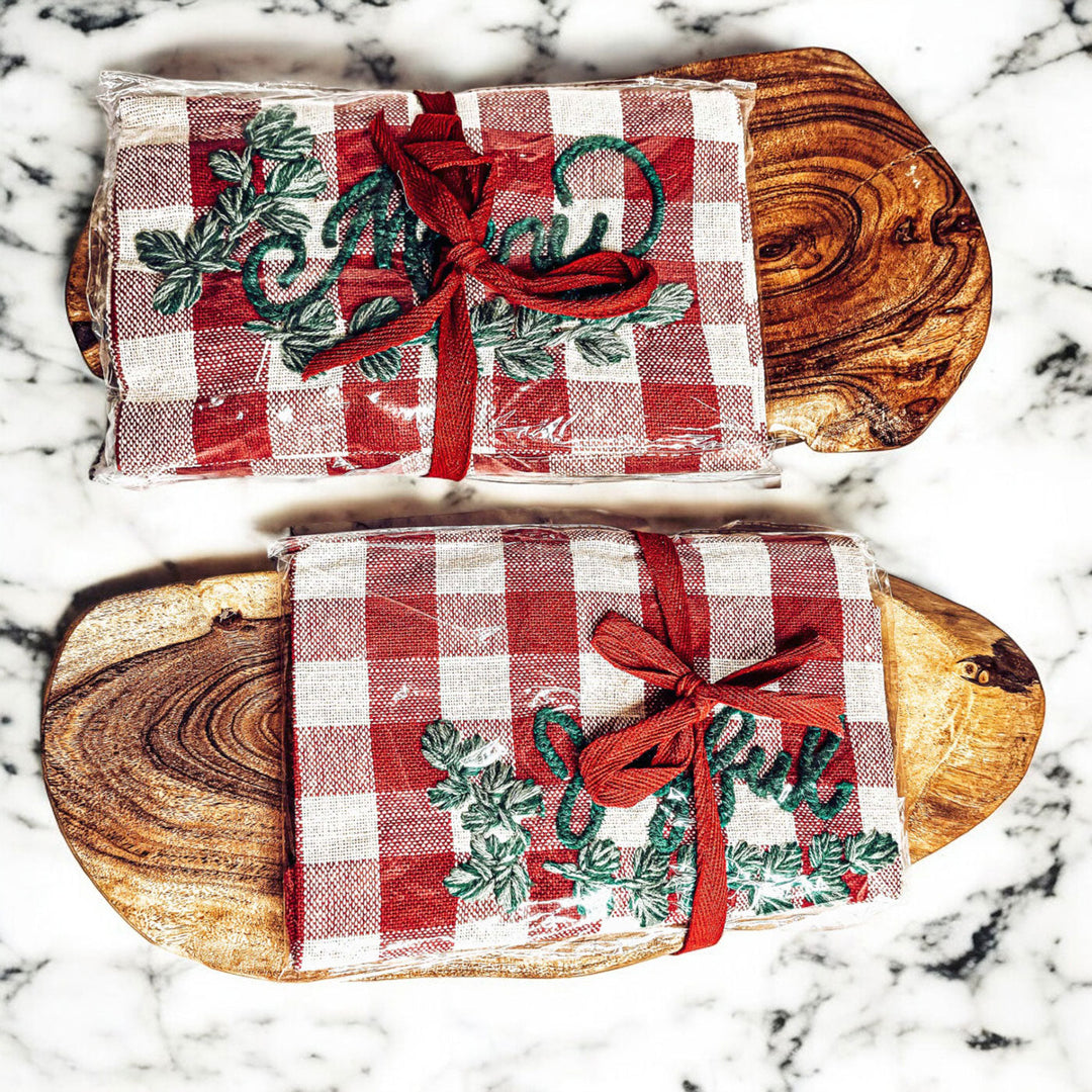 Holiday Acacia Charcuterie Board Cotton Tartan Towel Gift Set Great Holiday Gift