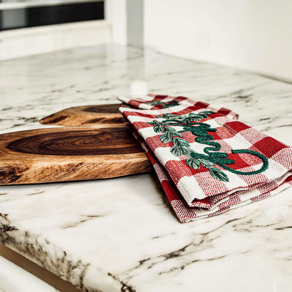 Holiday Acacia Charcuterie Board Cotton Tartan Towel Gift Set Great Holiday Gift