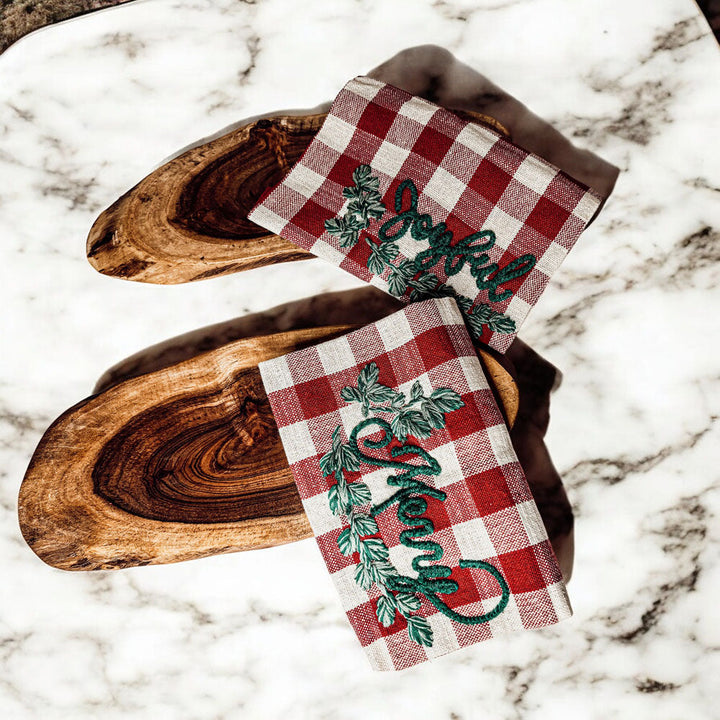 Holiday Acacia Charcuterie Board Cotton Tartan Towel Gift Set Great Holiday Gift