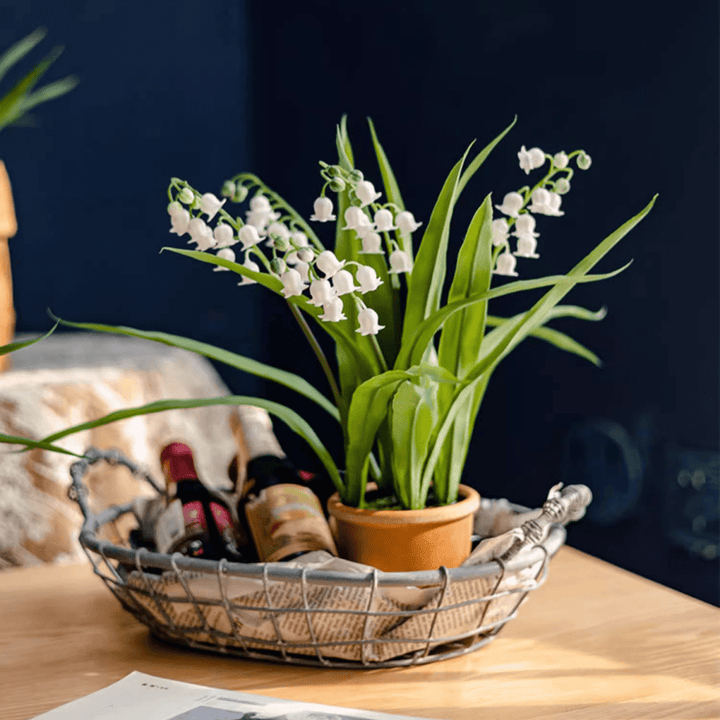 Faux Lily of the Valley in Brown Pot