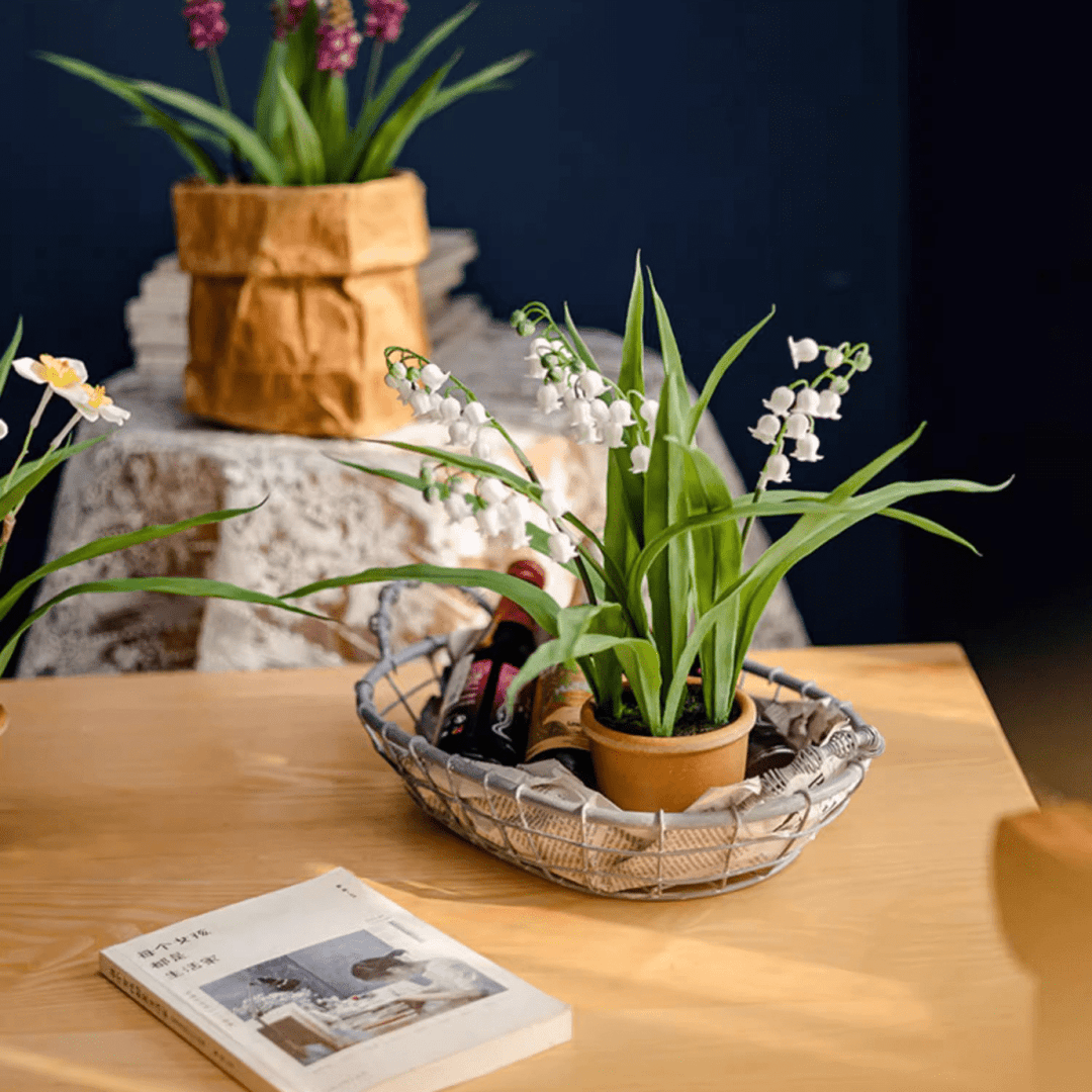 Faux Lily of the Valley in Brown Pot