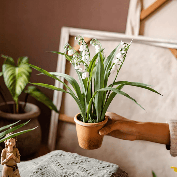 Faux Lily of the Valley in Brown Pot