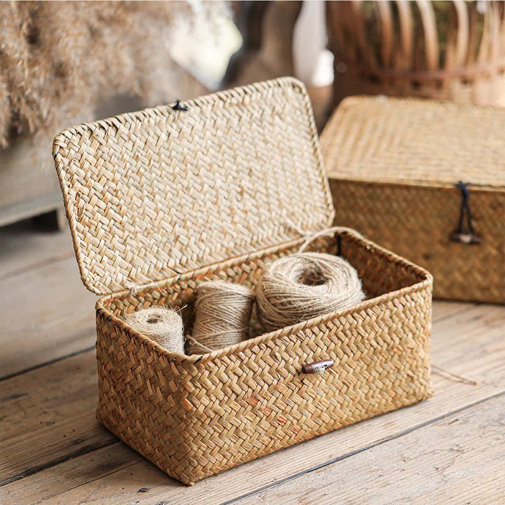 Rectangular Natural Straw Storage Basket with Lid