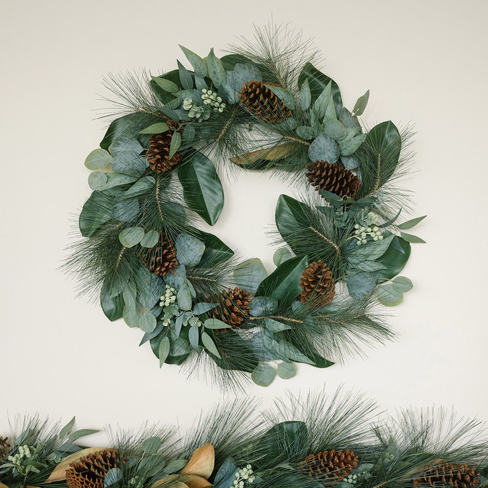 28" Magnolia, Eucalyptus, Pinecone, &amp; Needle Pine Wreath