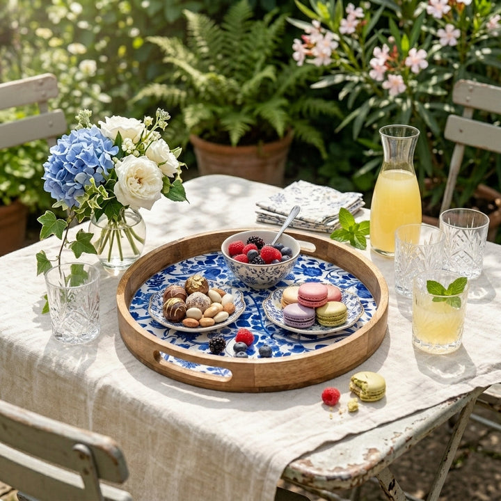 House of Avana Round Blue Mango Wood Serving Tray