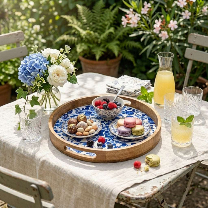 Round Blue Mango Wood Serving Tray