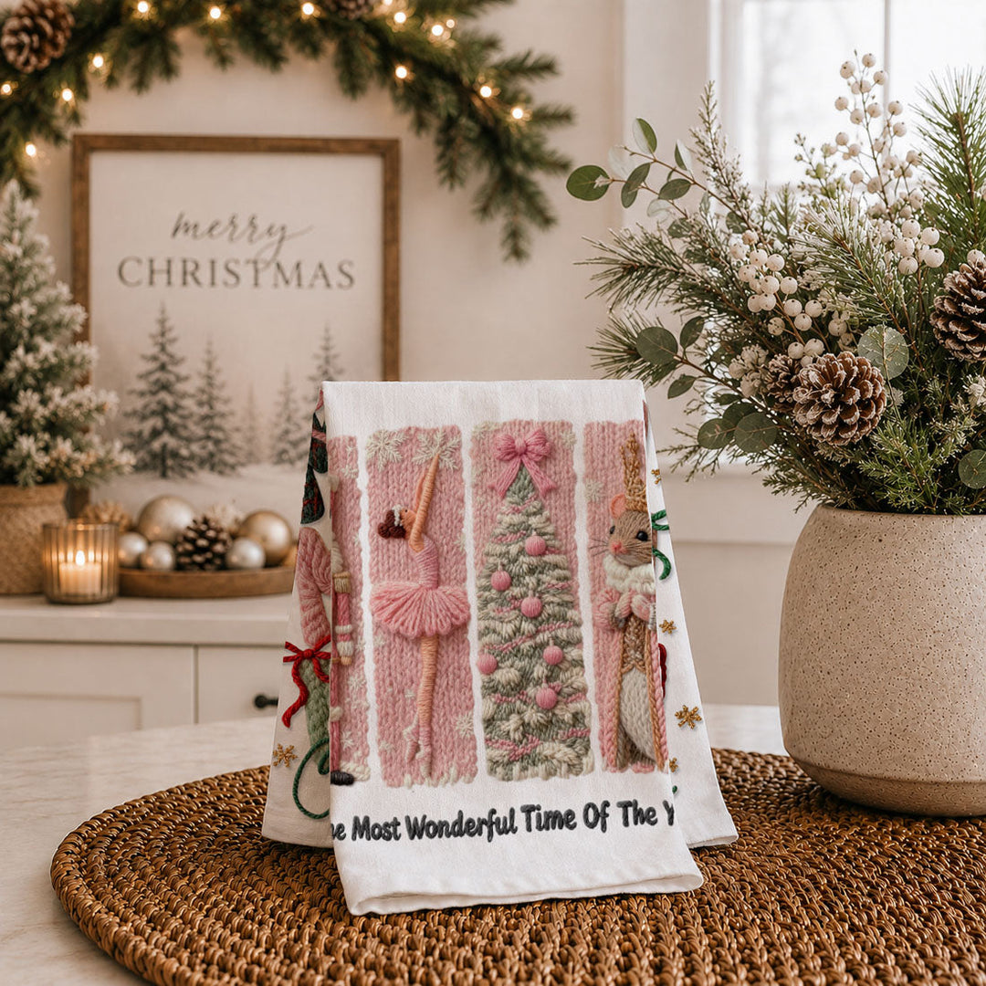 Nutcracker Pinks Christmas Kitchen Tea Towel Holiday Decor Fun Gift for Friends