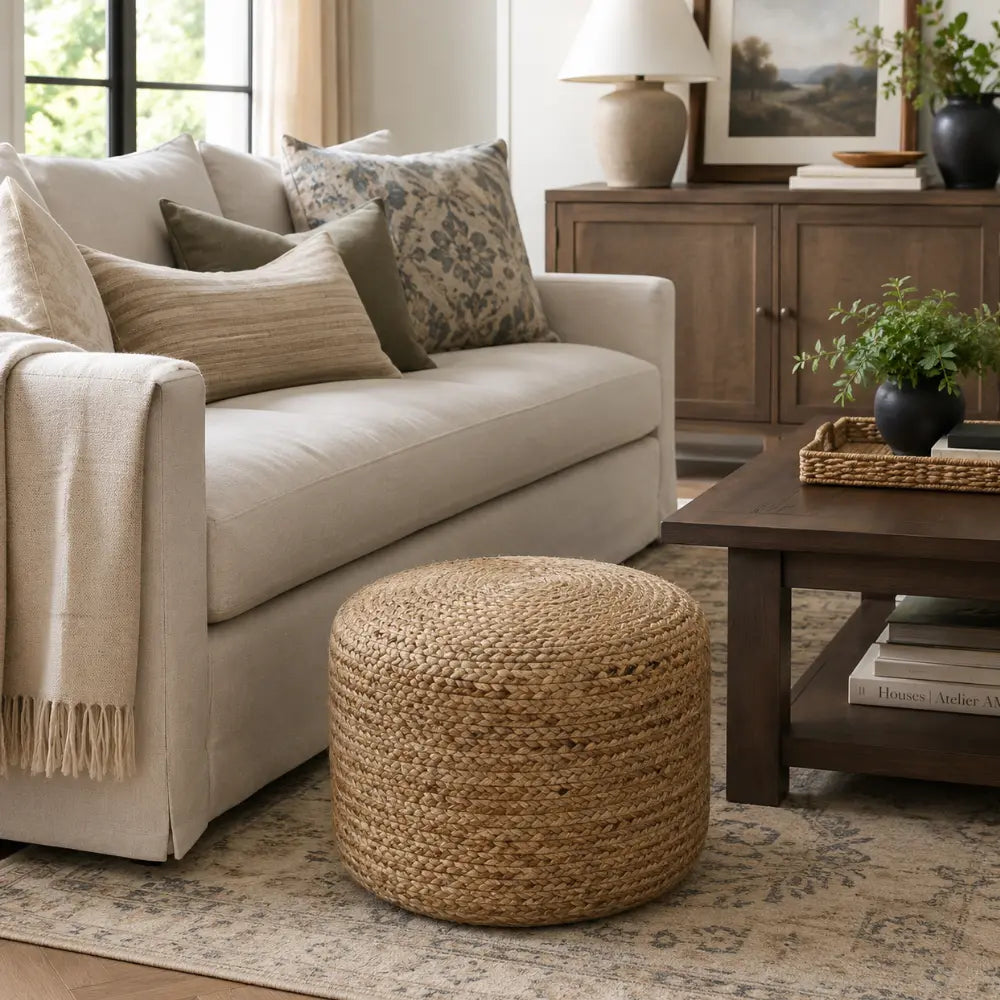Round Braided Jute Ottoman Pouf