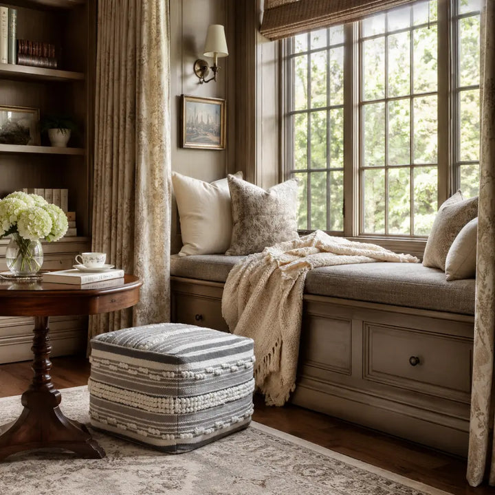 Square Handwoven Stripe Loop Ottoman Pouf