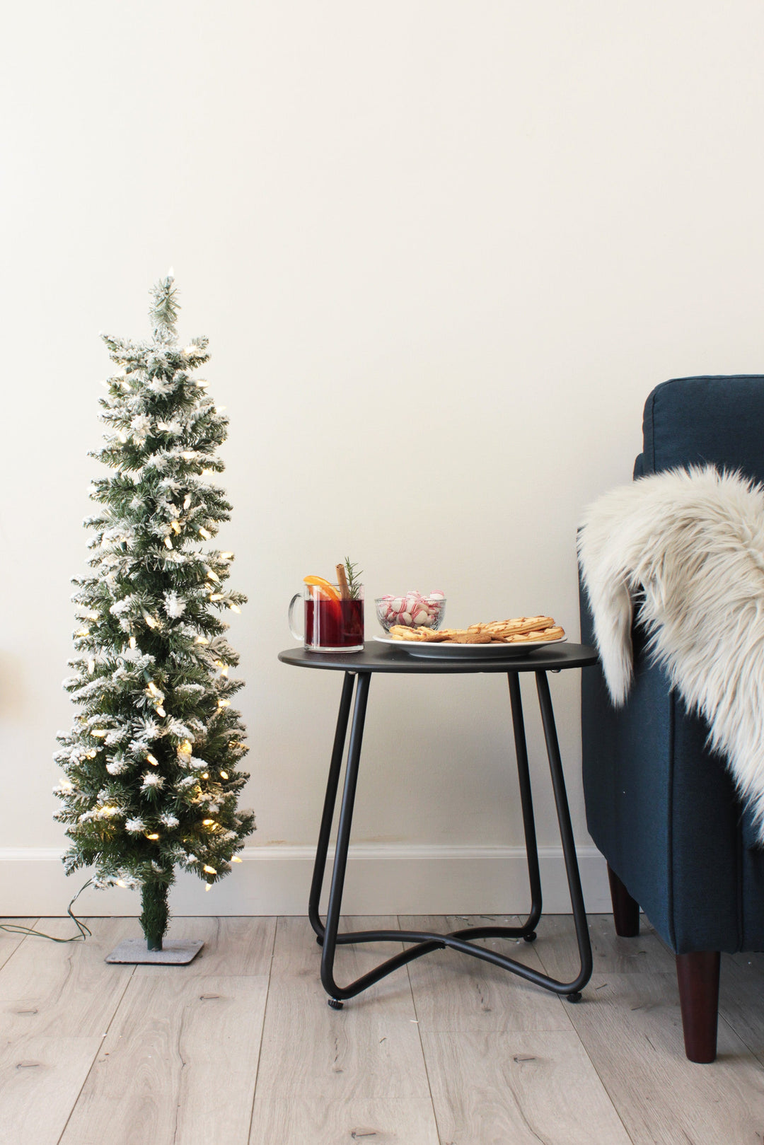 Prelit Snow Flocked Pencil Christmas Tree Slim Warm White Lights &amp; Metal Base