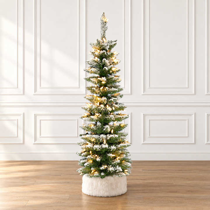 Prelit Snow Flocked Pencil Christmas Tree Slim Warm White Lights &amp; Metal Base