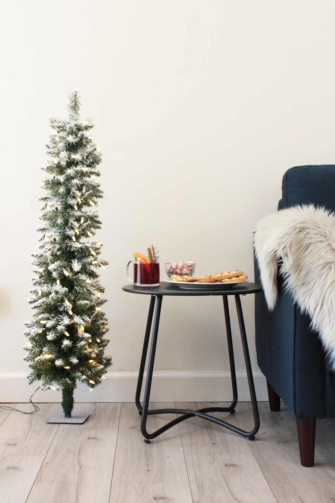 Prelit Snow Flocked Pencil Christmas Tree Slim Warm White Lights &amp; Metal Base