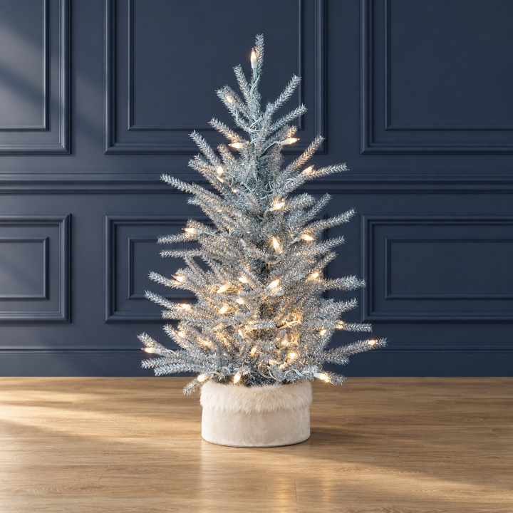 2ft Prelit Silver Tinsel Tabletop Christmas Tree 50 Warm White LED Burlap Base