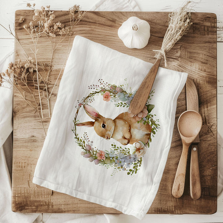 Rustic Bunny Wreath Cotton Kitchen Tea Towel Farmhouse Easter Decor Great Gifts