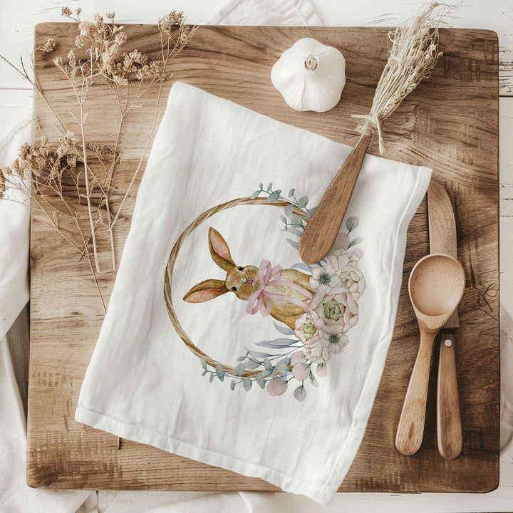 Rustic Bunny Wreath Cotton Kitchen Tea Towel Farmhouse Easter Decor Great Gifts