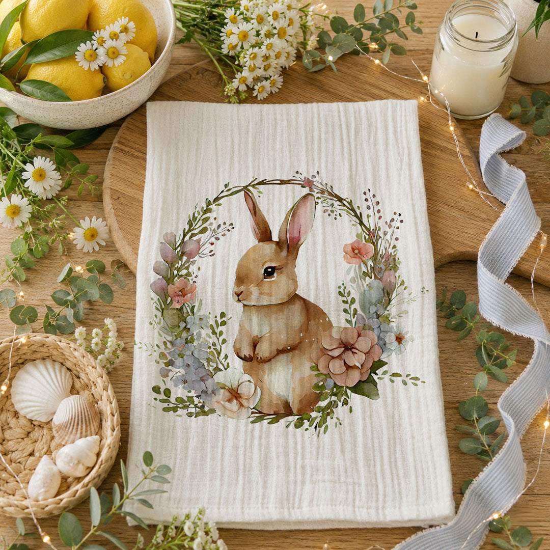 Rustic Bunny Wreath Cotton Kitchen Tea Towel Farmhouse Easter Decor Great Gifts