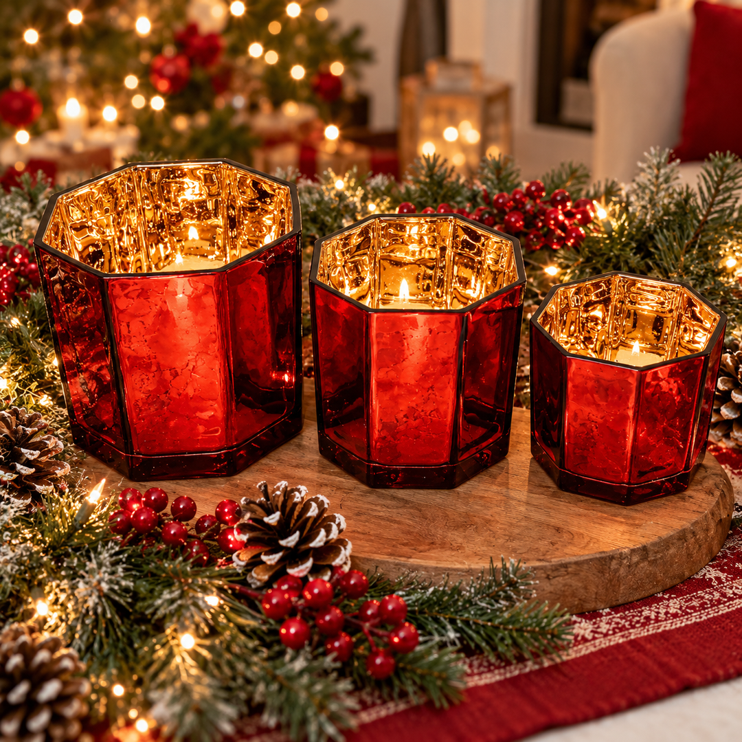 Red Gold Mercury Glass Candle Holder Vase Christmas Table Decor Fun Holiday Gift