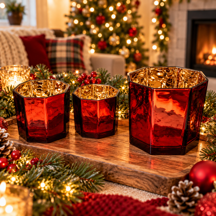 Red Gold Mercury Glass Candle Holder Vase Christmas Table Decor Fun Holiday Gift