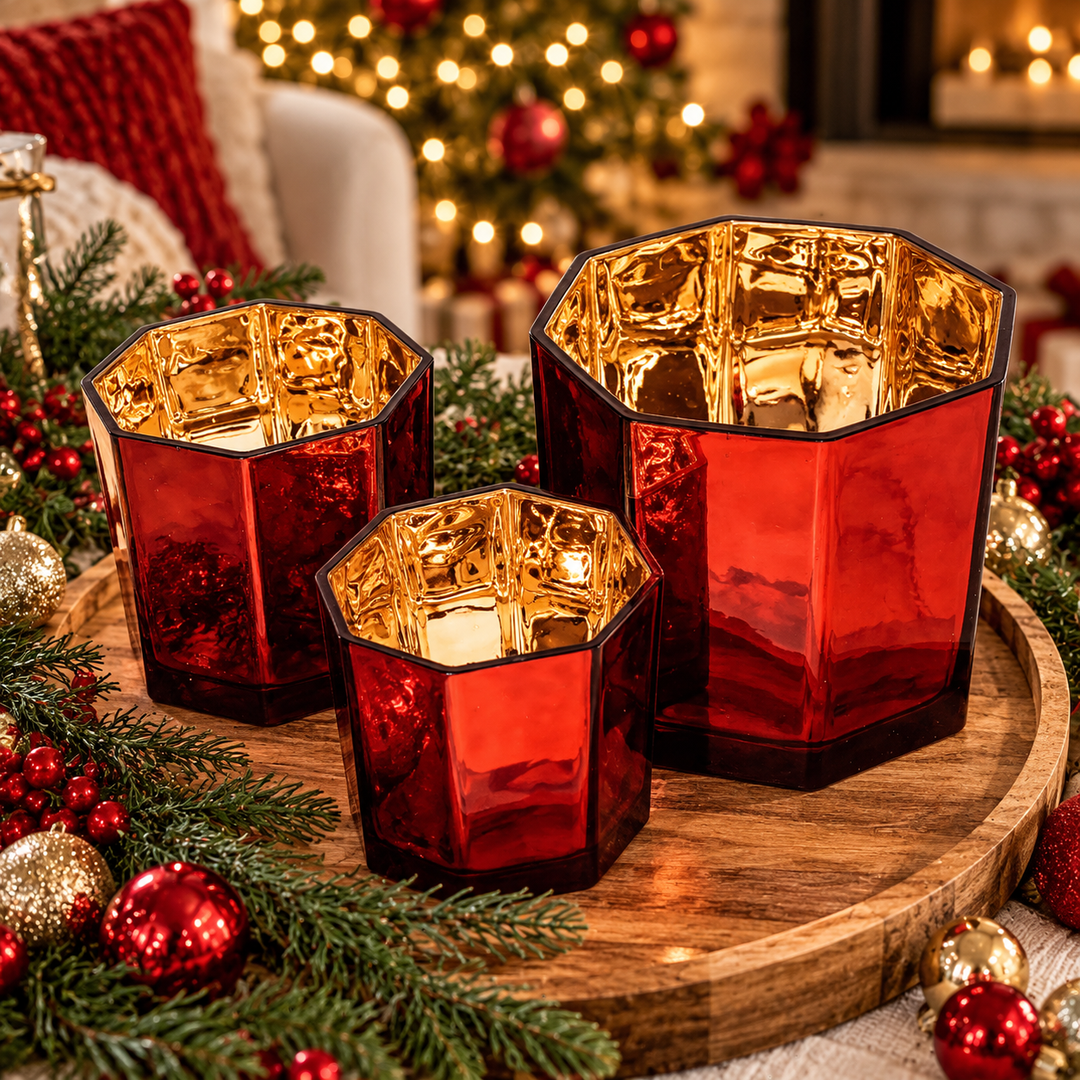 Red Gold Mercury Glass Candle Holder Vase Christmas Table Decor Fun Holiday Gift