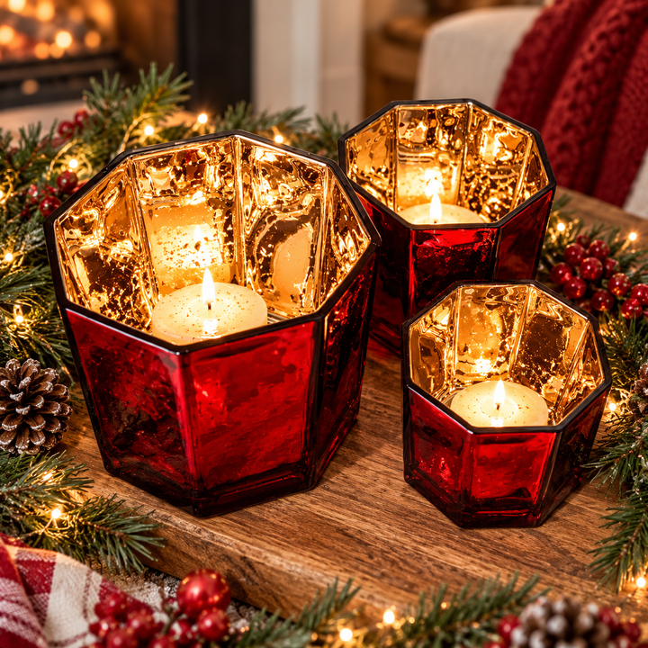 Red Gold Mercury Glass Candle Holder Vase Christmas Table Decor Fun Holiday Gift