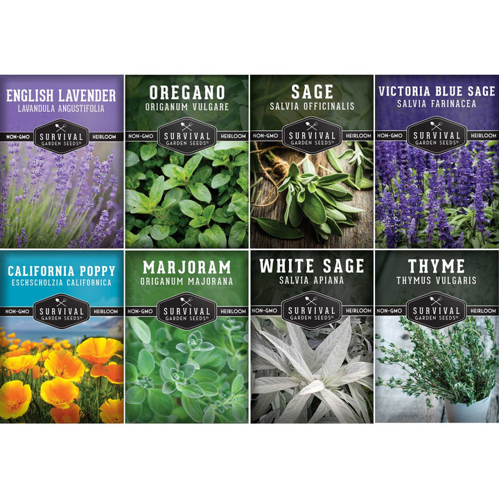 Drought-Tolerant Herb &amp; Flower Seed Kit – 8 Full-Sun, Xeriscape-Friendly Varieties for Low-Water Gardens