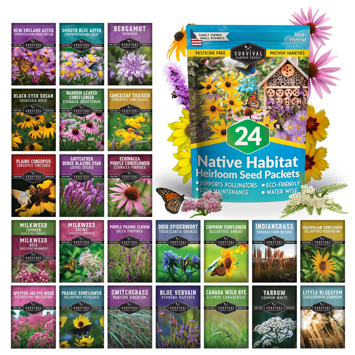 Native Habitat Seed Collection – 24 Native Wildflowers &amp; Grasses for Pollinators, Meadows &amp; Low-Maintenance Landscapes