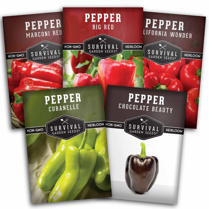 Sweet Pepper Collection - California Wonder Bell, Marconi Red, Cubanelle, Chocolate Beauty, and Big Red Peppers