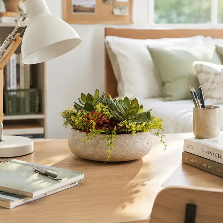 Round Artificial Succulent Arrangement, Natural Planter
