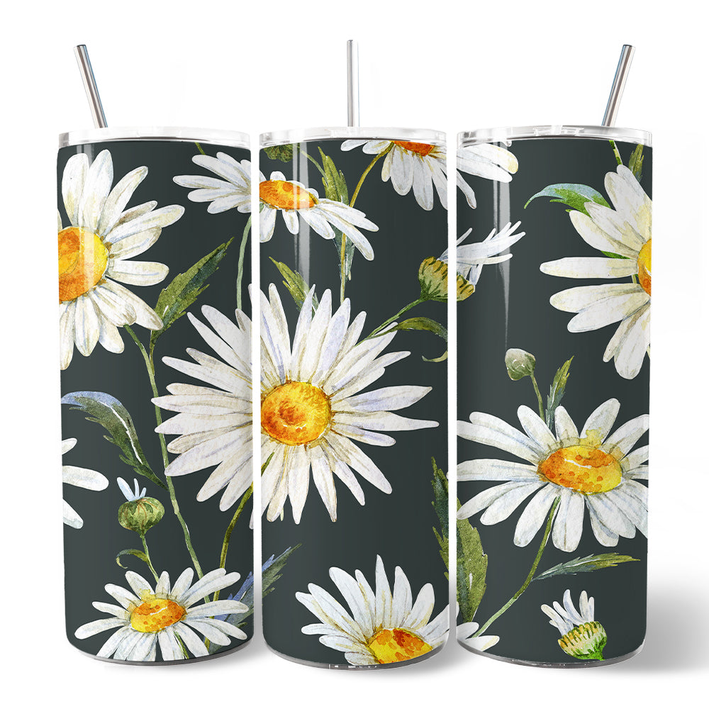 White Daisy Flower Pattern 20oz Personalized Tumbler With Lid and Stainless Steel Straw, Fresh Spring Floral Gift Cup