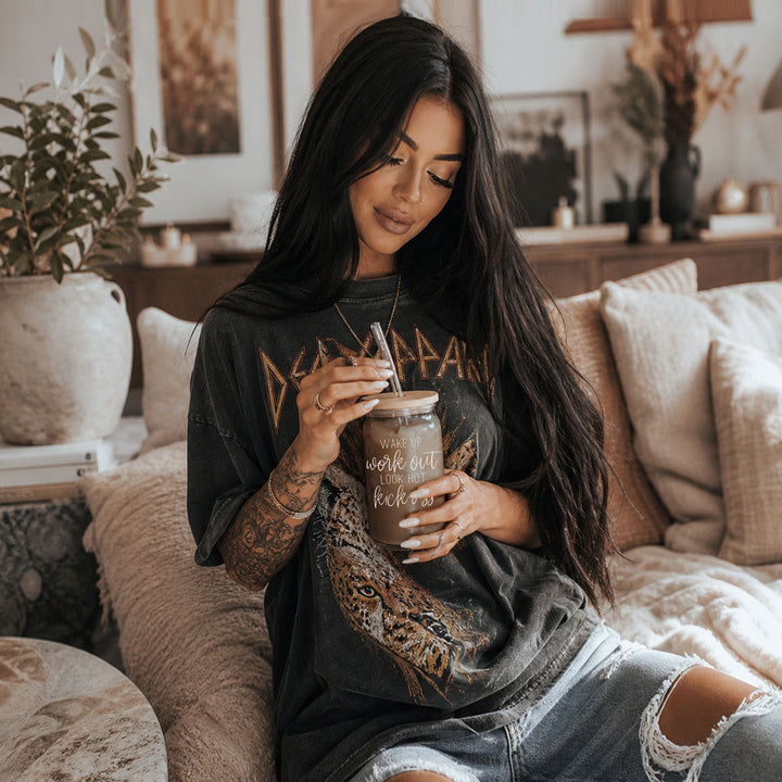 Wake Up Look Hot Glass Tumbler 17oz Bamboo Lid Straws Fun Gift for Coffee Lovers