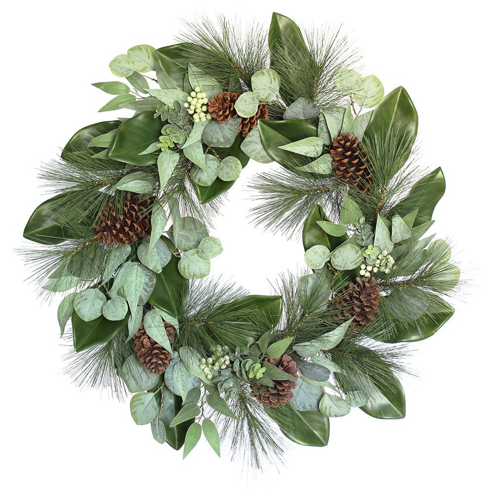 28" Magnolia, Eucalyptus, Pinecone, &amp; Needle Pine Wreath