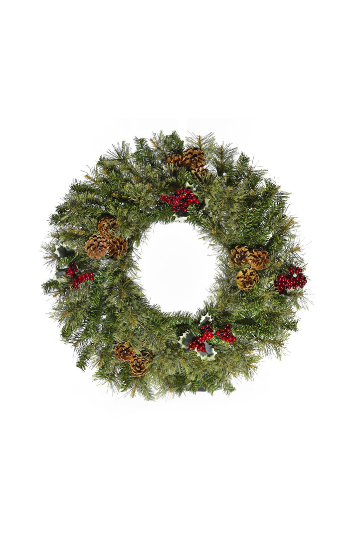 24" Cheyenne Pine Wreath with Pine Cones &amp; Holly Berry Clusters