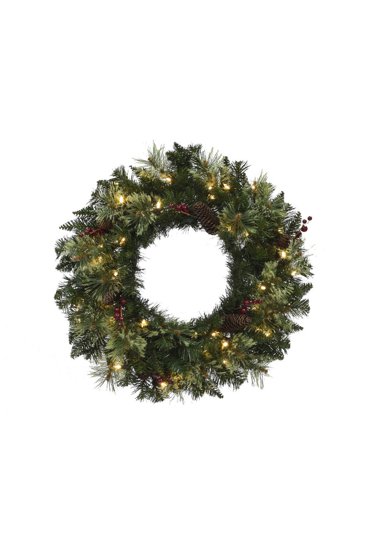 24" Pre-lit Jasper Mixed Pine Wreath with Pine Cones &amp; Red Berry Clusters