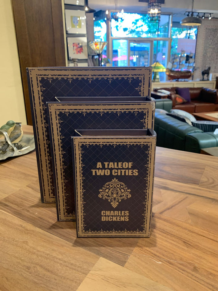 Decorative Book Box Set of 3 – “A Tale of Two Cities” Charles Dickens Hidden Storage, Faux Leather Keepsake Organizer