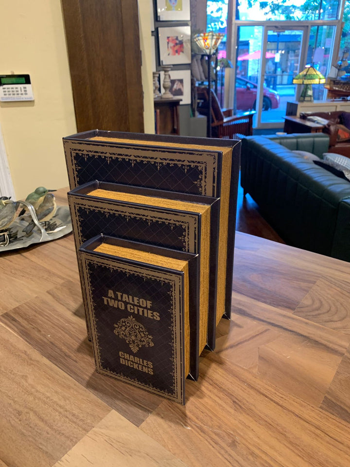 Decorative Book Box Set of 3 – “A Tale of Two Cities” Charles Dickens Hidden Storage, Faux Leather Keepsake Organizer
