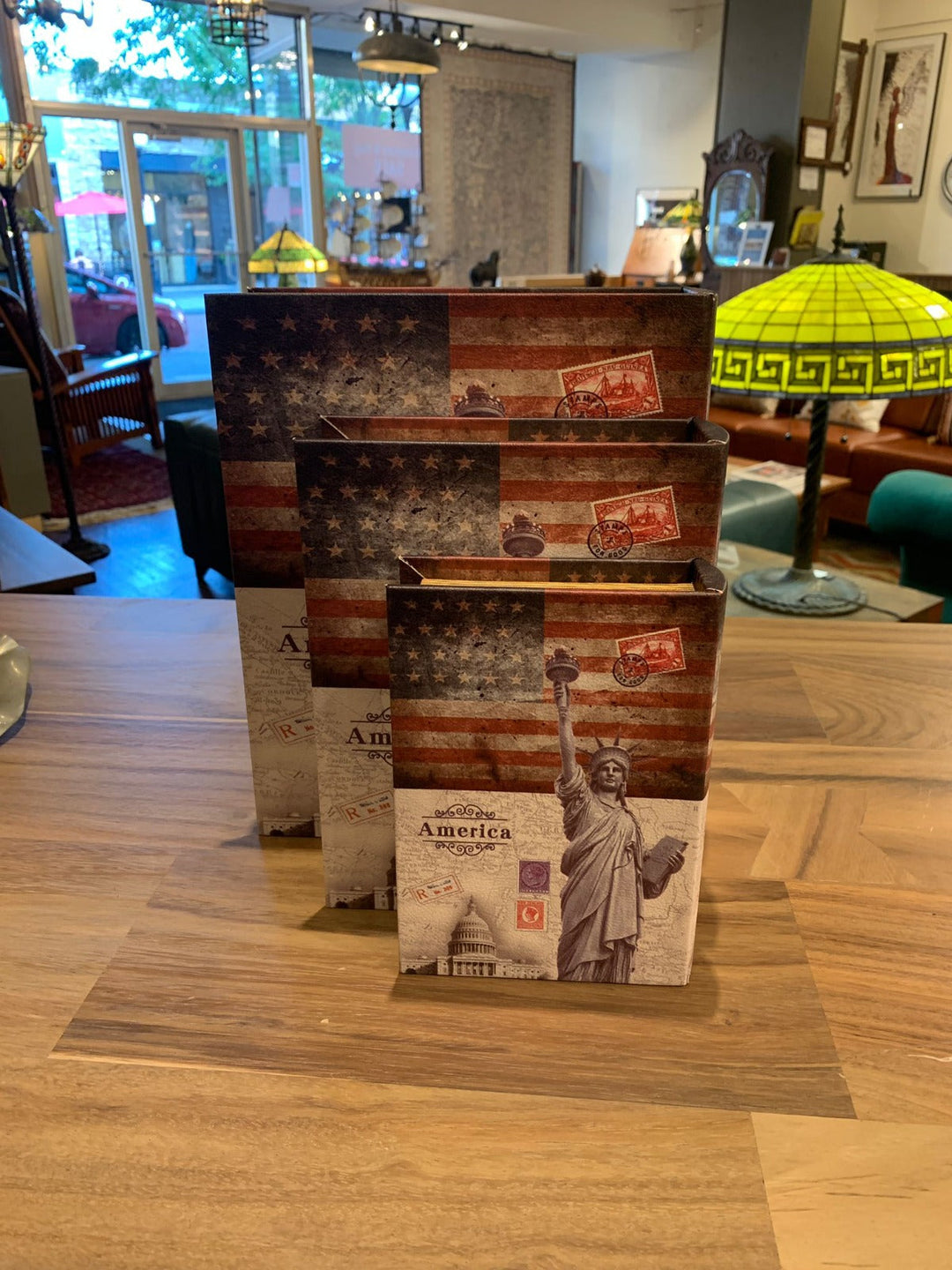 Decorative Book Box Set of 3 – America Flag &amp; Statue of Liberty Hidden Storage, Faux Leather Keepsake Organizer