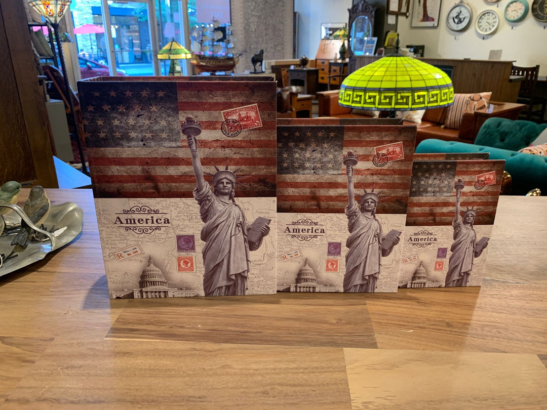 Decorative Book Box Set of 3 – America Flag &amp; Statue of Liberty Hidden Storage, Faux Leather Keepsake Organizer