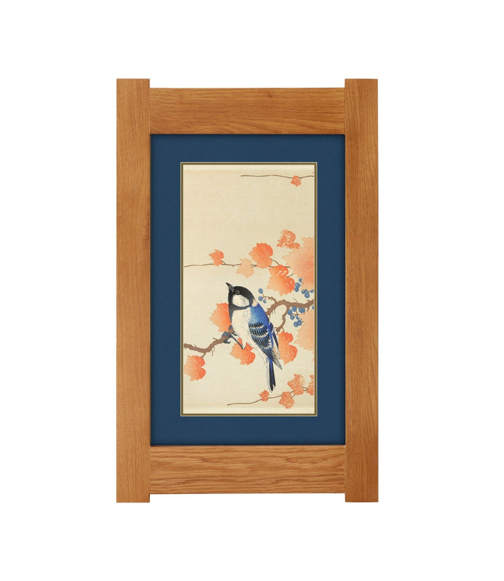 Arts &amp; Crafts Mission Oak Framed Art with Blue Jay in Autumn Blossom