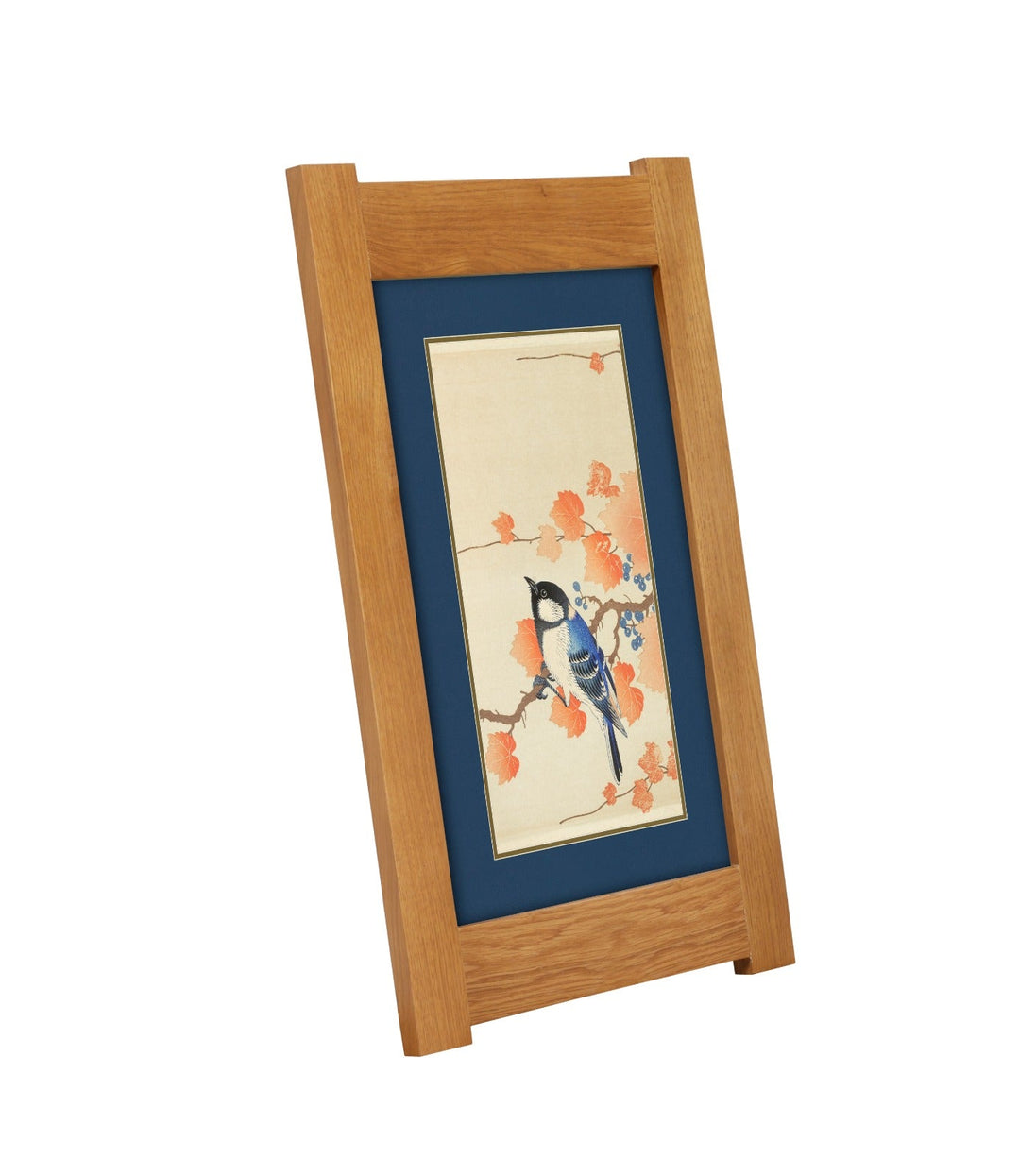 Arts &amp; Crafts Mission Oak Framed Art with Blue Jay in Autumn Blossom